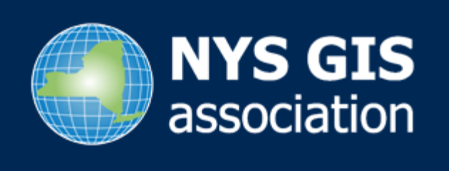 NYS GIS Association logo. White text on a navy background with a light green and light blue globe with white lat/lon lines on the left