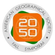 Orange rounded square with 2050 in white letters on a tilted green square inside a light gray ring with American Geographical Society Fall Symposium in dark gray lettering