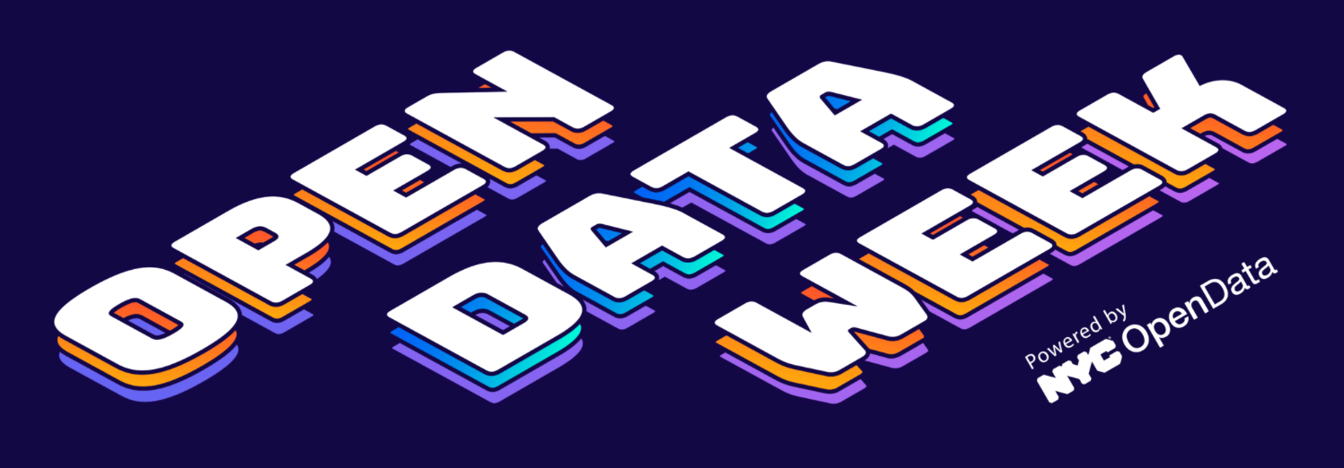 “OPEN DATA WEEK” in slanted white text layered on alternating orange and purple on a navy background