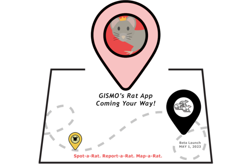 RatApp icon with a red pin on a white map. The red pin has a cartoon mouse in the center and the map says "GISMO's Rat App is Coming Your Way!"