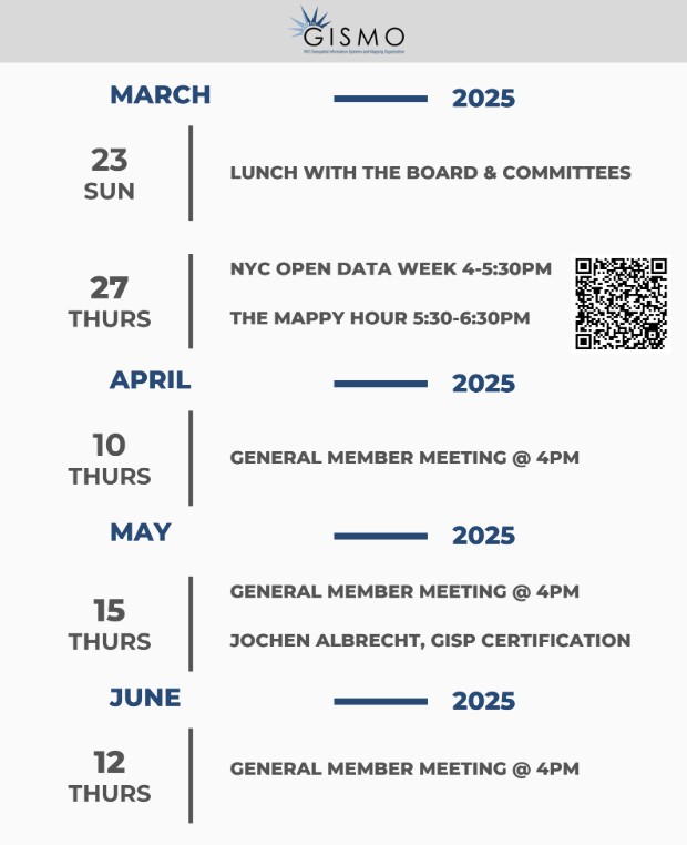 March 23 Lunch March 27 Open Data Week April 10 Member Meeting May 15 Member Meeting June 12 Member Meeting