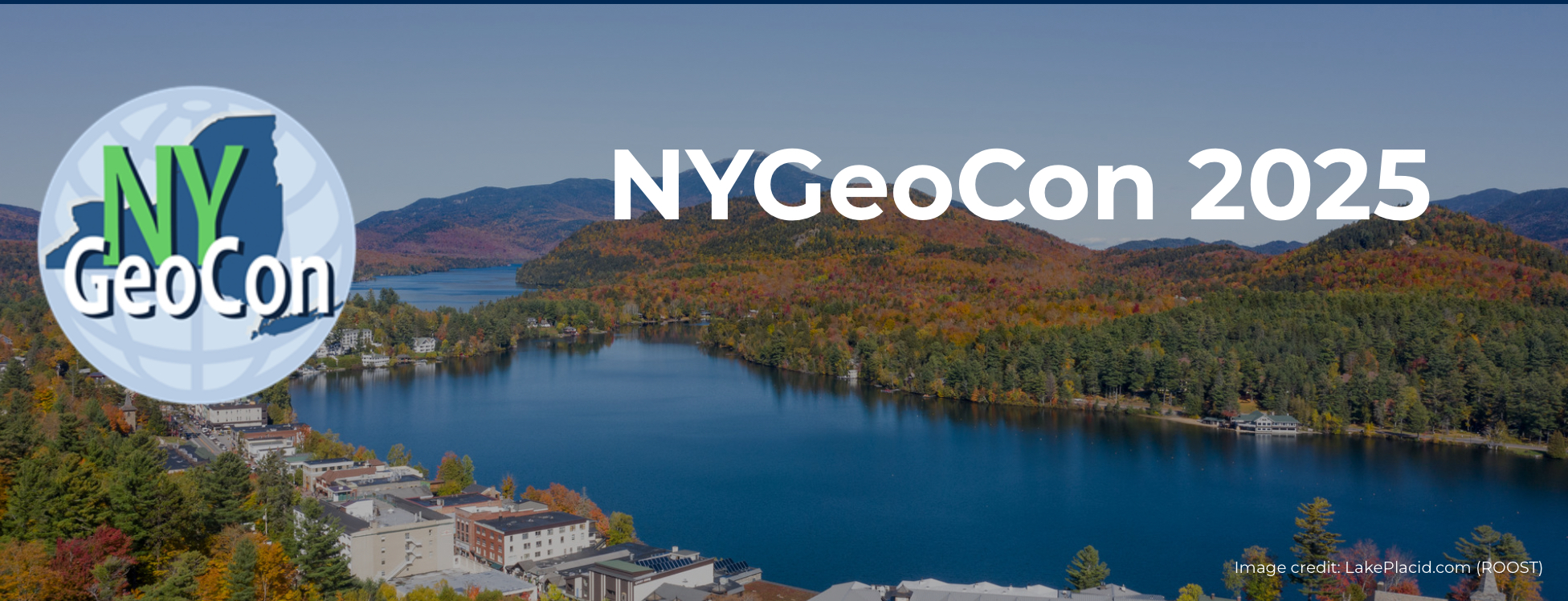 NYGeoCon banner image. White text on a aerial photo background of lake placid