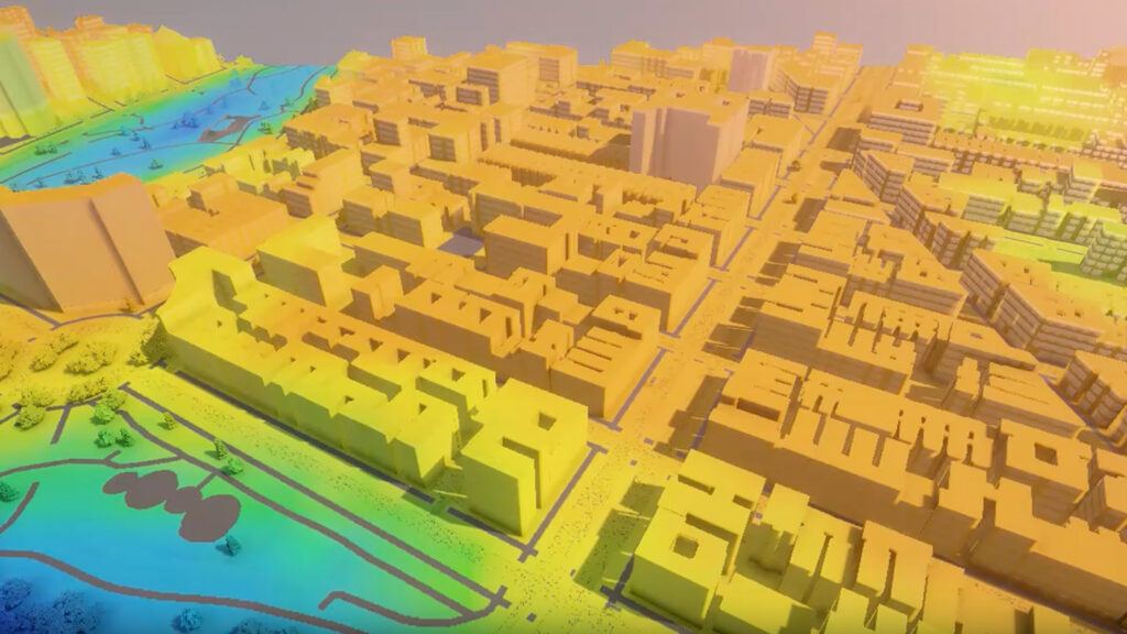 Graphic of a Harlem neighborhood showing 3D building outlines colorized based on amount of heat. Waterfront in foreground is green to yellow, becoming orange further inland. The color scale reflects the amount of heat measured using the ELLA app.