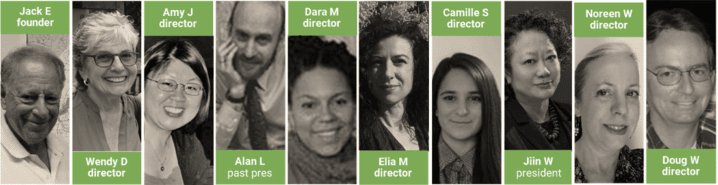 a long banner featuring black and white headshots of the 2021-2023 board members and a lime green box with their name and title.