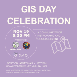 GIS Day Celebration Poster November 19 at Amity Hall. Lavender flyer with white text.